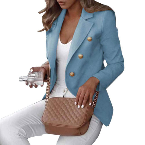 Sonicelife Women Elegant Office Lady Blazer Winter Long Sleeve Slim Jacket Double Breasted Casual Fit Jacketes Solid Color Work Coat Blazer