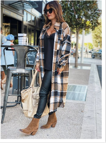 Sonicelife Women's Fashion Long Plaid Coat Autumn Shirt Coat Woolen Coat Streetwear Women Clothing Loose Coat Female Casual Jacket