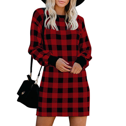 Sonicelife hoco dresses Vintage Plaid Dress Women Christmas Party Mini Dresses Long Sleeve Retro Dress Ladies Round Neck Loose Dress Female Vestidos