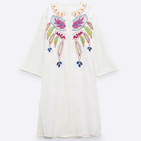 Sonicelife 2023 New Summer Women's Round Neck Wear  Embroidered Caftan Dress