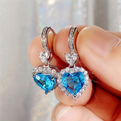 Huitan Blue/Garnet Heart Cubic Zirconia Wedding Earrings for Women Eternity Love Earrings Engagement Accessories Fashion Jewelry