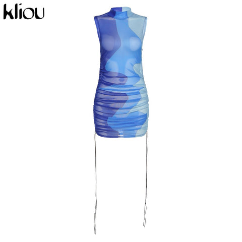 Kliou Midnight Partywear Women  See Through Contrast Patchwork Mini Dress 2023 Chic Bodycon Sleeveless Undefined Streetwear