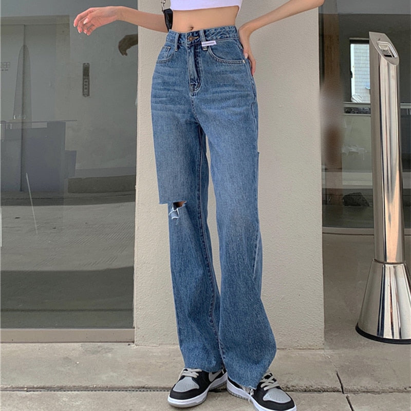 Sonicelife Woman Jeans Ripped High Waist Clothes Wide Leg Denim Clothing Streetwear Vintage Quality 2024 Fashion Harajuku Straight Pants