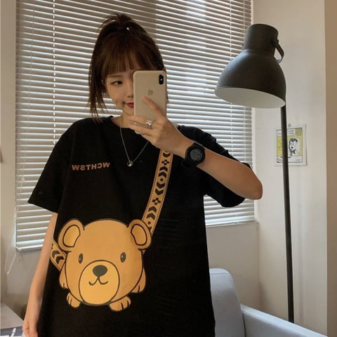 Harajuku Print O Neck Cotton Short Sleeve T Shirt Women Summer 2023 New Korean Fashion Kawaii Clothes Top Bear Chic Tee Tshirts