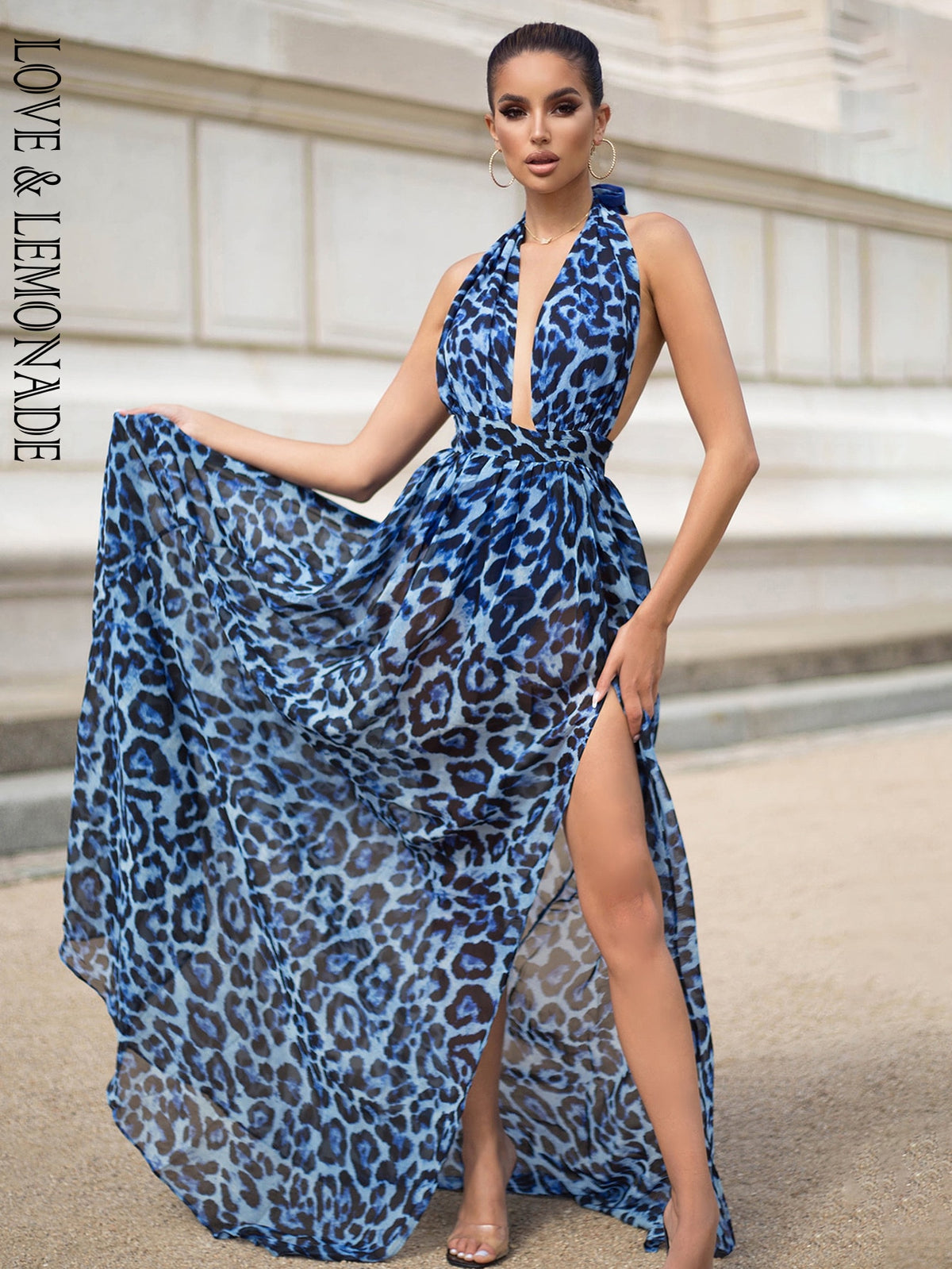 Sonicelife LOVE&LEMONADE  Blue V-Neck Open Back Cut Out Leopard Chiffon Summer Long Dress  LM81049