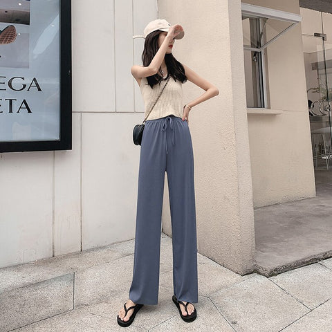 Sonicelife High Waist Soft Comfort Women Pants 2024 New Casual Summer Slacks Pants Women Ice Silk Full Length Long Trousers Female Slacks