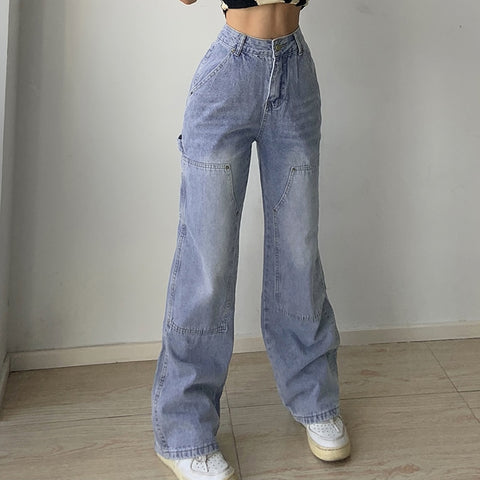 Sonicelife Streetwear High Waist Jeans Women Baggy Cargo Pants Patchwork Denim Straight Trousers Autumn Casual Korean Harajuku 2024