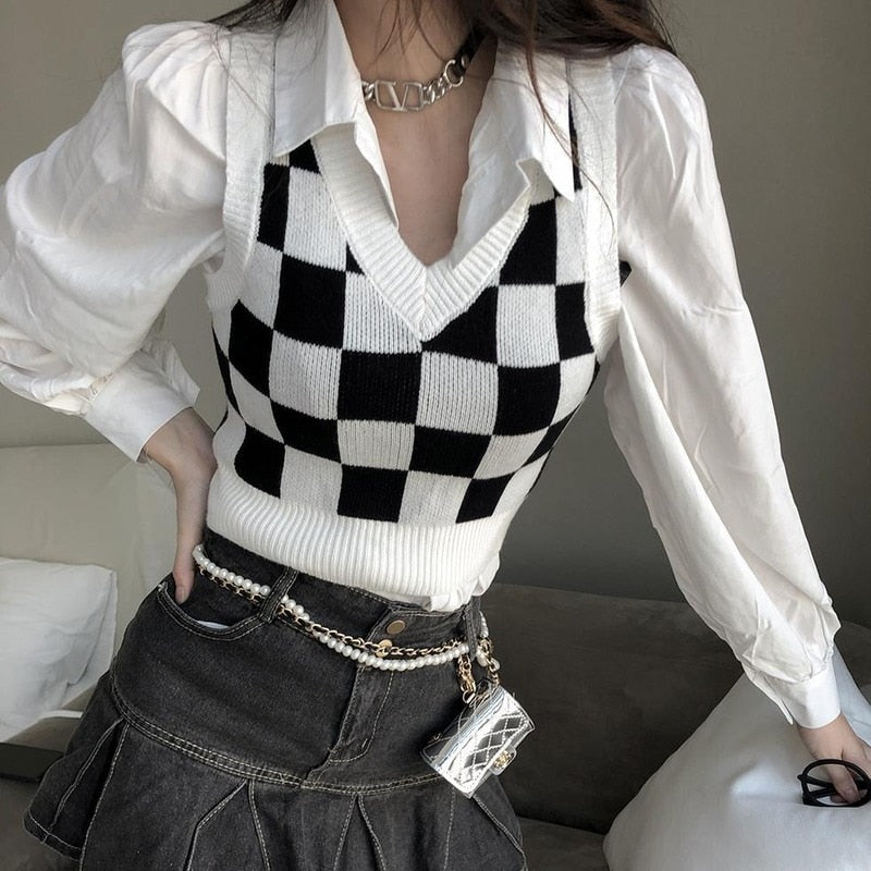 Sonicelife  Y2K Korean Style Plaid Cropped Sweater Vest Women Harajuku Checkerboard V-Neck Knitted Long Sleeve Jumper Female Tops