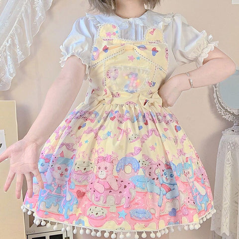 Sonicelife Sweet Lolita Milk Foam Pudding Print Lolita Cute JSK Strap Dress Women Summer Tea Party Princess Bowknot Dresses