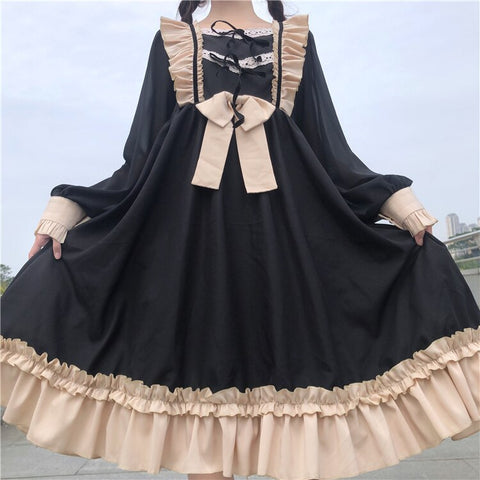 Sonicelife Harajuku Lolita dress daily Palace Bow-knot sweet cute retro lotus leaf bow Vestidos Noble Sweet Gothic Party Robe Renaissance