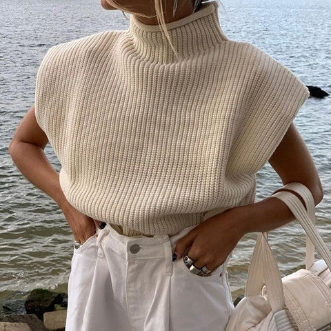 Sonicelife Women Knitted Sweaters Sleeveless Harajuku Solid Casual Turtleneck Pullover Knitting Vest Spring Jumper Tank Top Sweater Female