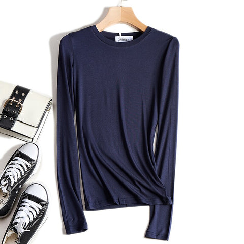 Sonicelife High Quality Plain T Shirt Women Cotton Knitted Slim Elastic Basic T-shirts Female Casual Tops Long Sleeve T-shirt Women 2024