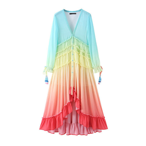 Sonicelife Chic Rainbow High Low Dress Women V-Neck Tiered Ruffle Trim Summer Dresses Casual Beach Boho Dress Chiffon Long Vestidos