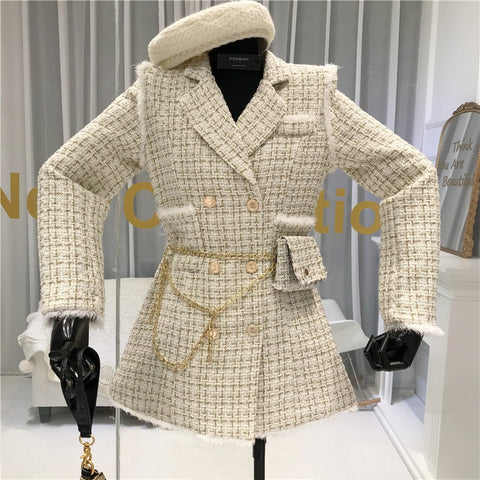 Sonicelife 2023 New Gold thread Plaid Suit Coat Women Notched Double breasted Feather Tassel Trim Slim Tweed Jacket With Free Belt bag