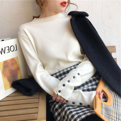 Sonicelife Christmas Gift Sweater Women Knitted Pullover 2024 Autumn Winter Thick Sweater Long Sleeve Turtleneck Button Jumper Soft Warm Pull Femme