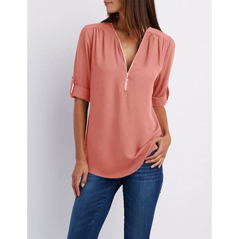 Sonicelife   V Neck Women Chiffon Blouses Solid Zipper Up Long Sleeves Cuffed Casual Loose Office Ladies Plus Size Tops Blouses