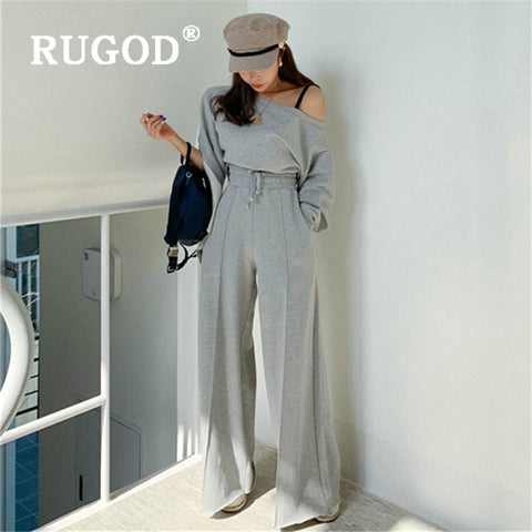 WOMEN TWO-PIECE SUIT CASUAL FASHION STRAPLESS LACING TOP+WIDE LEG PANTS WITH ELASTIC WAIST SOLID COLOR KOREAN SUIT SET FOR LADY