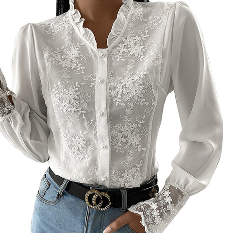 Sonicelife New Elegant Long Sleeve Ladies Tops Blouses Button Casual White Shirt Women Ruffles Collar Fit Slim Women Lace Patchwork Blouse0417
