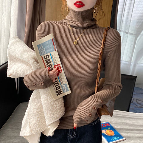 Christmas Gift Thick Cashmere Knitted Sweater Women 2023 Autumn Winter Korean Turtleneck Long Sleeve Button Pullover Female Jumper Knitwear