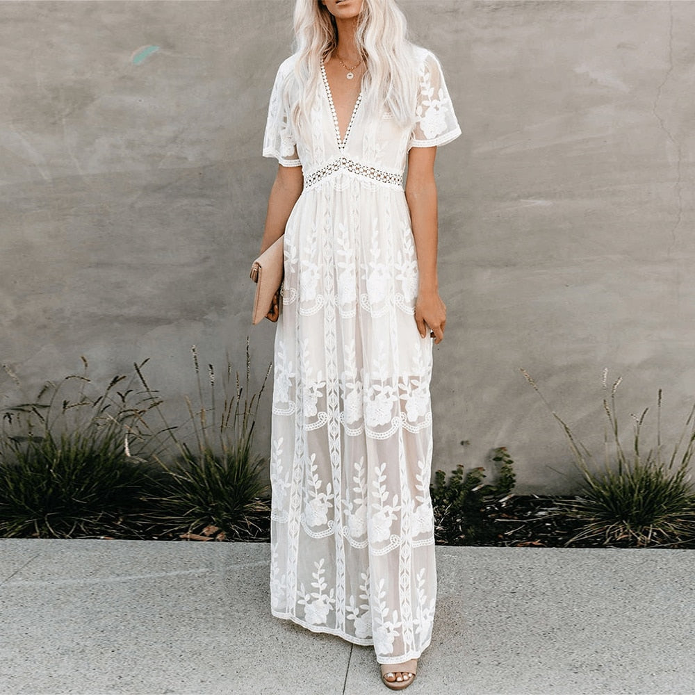 2023 Summer Boho Women Maxi Dress Loose Embroidery White Lace long Tunic Beach Dress Vacation Holiday Women Clothing