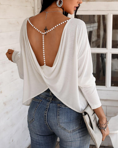 Sonicelife 2023 Autumn Spring Women Fashion Elegant  Long Sleeve Ladies Open Back Top Solid Beaded Strap Backless Twisted Top