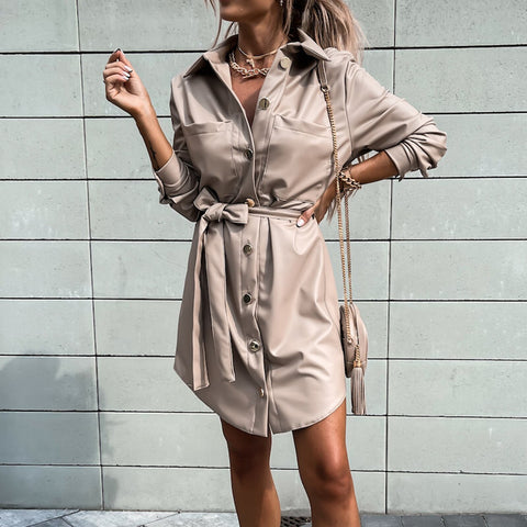 Sonicelife  Fall Winter Office Lady PU Leather Shirts Dress With Belt Casual Elegant Women Turn Down Collar Button Up Mini Dress
