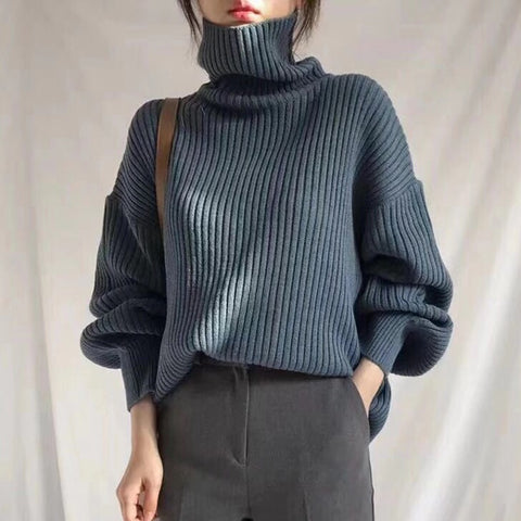 Sonicelife Christmas Gift  Vintage Thicken Striped Women Sweaters Autumn Winter Turtleneck Pullovers Jumpers Female Korean Knitted Tops femme 2023