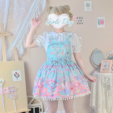 Sonicelife Sweet Lolita Milk Foam Pudding Print Lolita Cute JSK Strap Dress Women Summer Tea Party Princess Bowknot Dresses