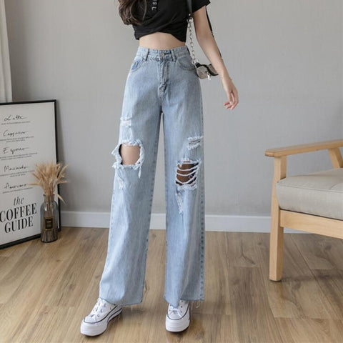 Woman Jeans Clothes High Waisted Ripped 2020 Summer Streetwear Baggy Wide Leg Vintage Fashion Blue Harajuku Straight Pants