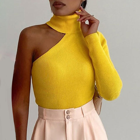 2023 Autumn Woman Fashion Casual High Neck One Shoulder Skinny Knit Top Warm Sweater Daily Wear Yellow Long Sleeve Tops Casual