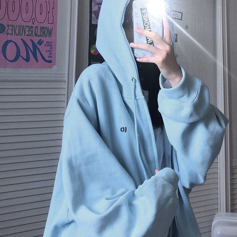 Sonicelife Letter Vintage Zip Up Streetwear Sweatshirts Women Harajuku Oversized Hoodies Thin Pockets Long Sleeve Clothes Korean Style Tops
