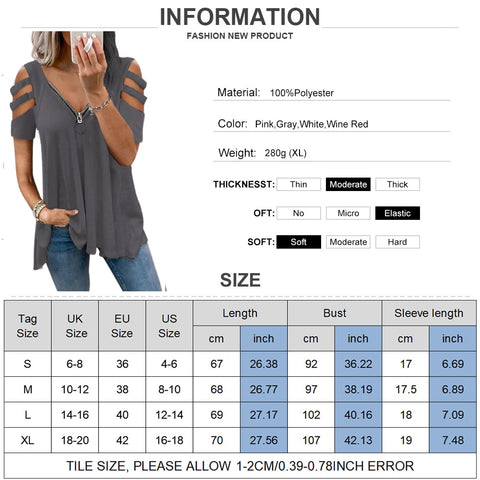 Sonicelife Summer Hollow Out Short Sleeve T-Shirts Women  Zipper V-Neck Casual Ladies Tops Fashion Female Streetwear Blouse Tee D30