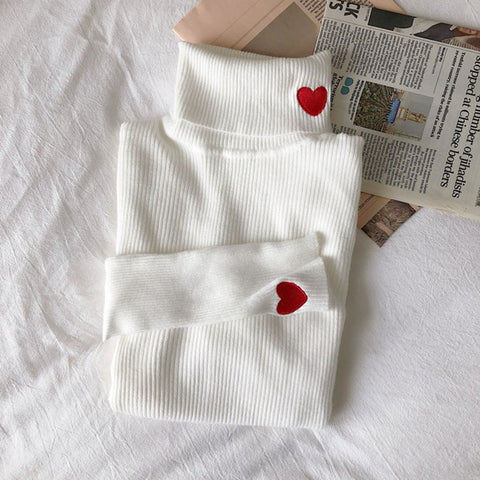 2023 Knitted Women Sweater Ribbed Pullovers Heart Embroidery Turtleneck Autumn Winter Basic Women Sweaters Fit Soft Warm Tops