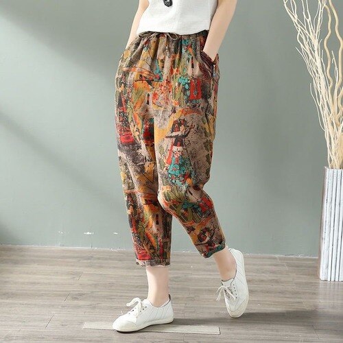 Sonicelife Women Harem Pants Cotton Linen Vintage High Waisted Trousers Spring Summer Loose Retro Floral Printed Wide Leg Pants Streetwear