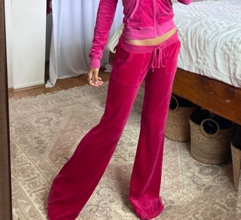 Sonicelife Velvet Casual Pants Women Streetwear High Waist Tie Up Loose Flare Jogger Autumn New Aesthetic Pink Cute Pocket Trousers