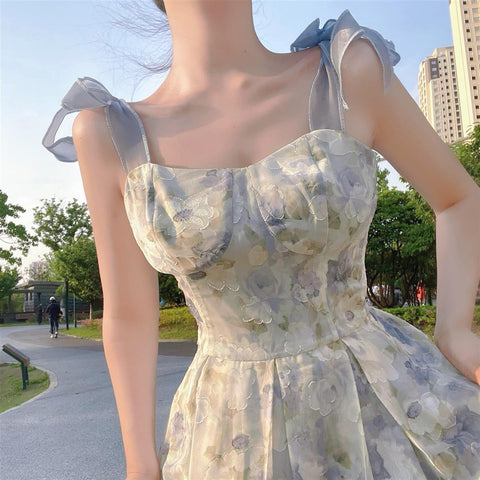 Sonicelife  Elegant Long Flower Strap Dress Women Vintage Sweet Print Korean Slip Fairy Dress Casual Calssy Party Princess Dress Spring