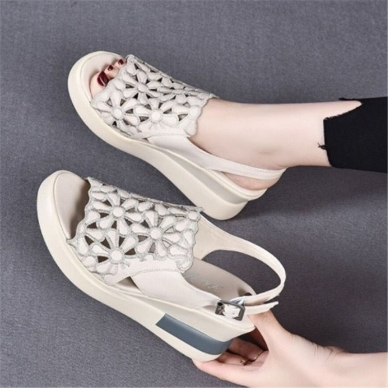 Sonicelife  Summer Wedge Shoes for Women Sandals Open Toe Platform Hollow Flowers Retro Lady High Heel Buckle Strap Casual Female Sandalias