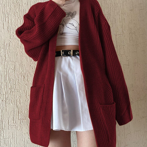 Sonicelife Sale 2024 Long Cardigan with pocket Women Autumn Knitted Sweater Korean Fashion V-neck Loose Ladies Sweaters Cardigans D30