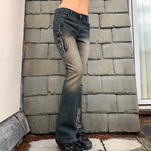 Sonicelife Fairycore Grunge Y2K Graphic Low Waist Jeans Women Vintage Embroidery Skinny Denim Pants 2000s Aesthetic Jeans Bottom