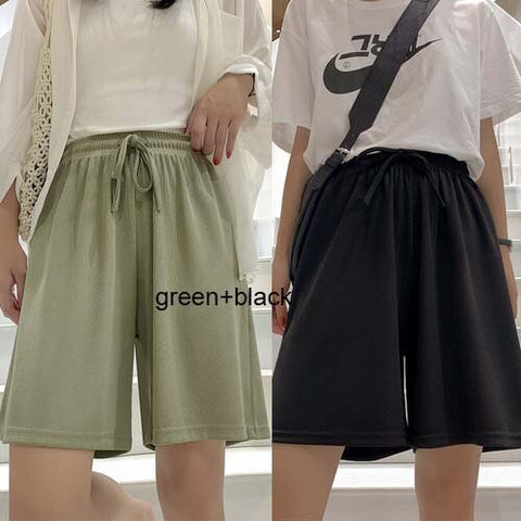 Sonicelife Women's Summer Shorts 2024 Long with High Waist Korean Style Ice Silk Wide Leg Short Loose Drawstring Knee Length Short Pants