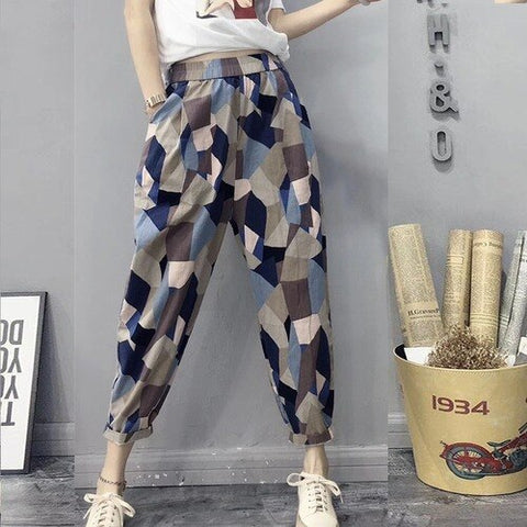 Sonicelife Women Harem Pants Cotton Linen Vintage High Waisted Trousers Spring Summer Loose Retro Floral Printed Wide Leg Pants Streetwear