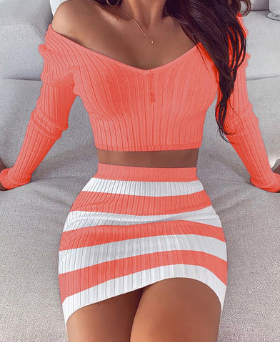 Sonicelife Lip Knit Sets Long Sleeve Crop Top and Pencil Mini Skirt Outfits Off Shoulder Women's Sets  Bodycon Two Piece Suit PR1472G