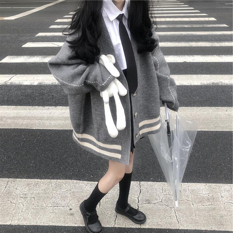 Sonicelife  Preppy Fashion Stripe Knitted Oversize Cardigan Sweater Women Grey Korean Style Harajuku Jumper Female Casual Winter