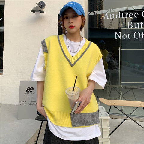 2023 early spring V-neck pullover college wind contrast stitching knitted vest