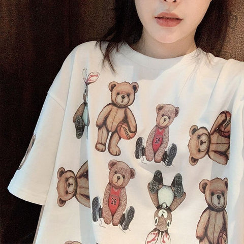 Summer Half Sleeve Women T-Shirt Korean Style Oversized Tees Couple Loose Casual Tee Cute Bear Printed Cloth Kawaii Tops Tshirts