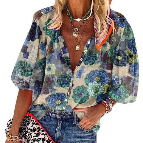 Sonicelife  Turn Down Collar Print Women Blouses Blue Cardigan Button Casual Tops Red Long Sleeves Single Breasted Bohemian Blouse