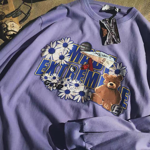 Sonicelife Vintage Couple Sweatshirt Women Floral Bear Loose Casual Long Sleeve Hoodies Oversized Streetwear Crew Collar Harajuku Top Cloth