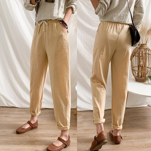 Summer Women's Pants Cotton Linen Large Size Casual Loose Ankle-length Capri Pants Drawstring Harem Pants Women's Wide Trousers