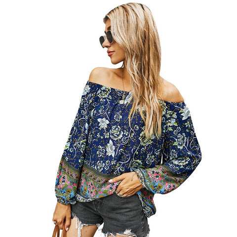 Sonicelife Sale Women Floral Print Off Shoulder Tops Bohemia Blouses Shirts Casual  Pullover Top Spring Lady Chic Long Sleeve Blusa D30