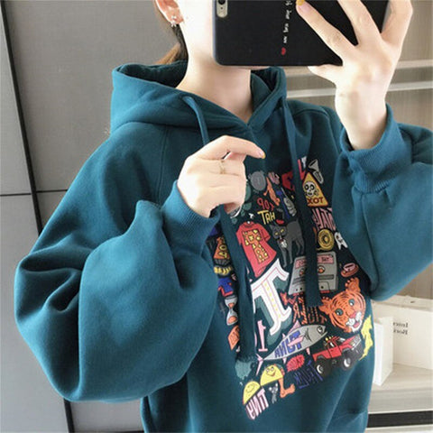 Sonicelife Fashion Women Hoodie Sweatshirt 2024 Korean Style Loose Veste Woman Streetwear Cartoon Print Jacket Hoody Coats Hoodies Femmes